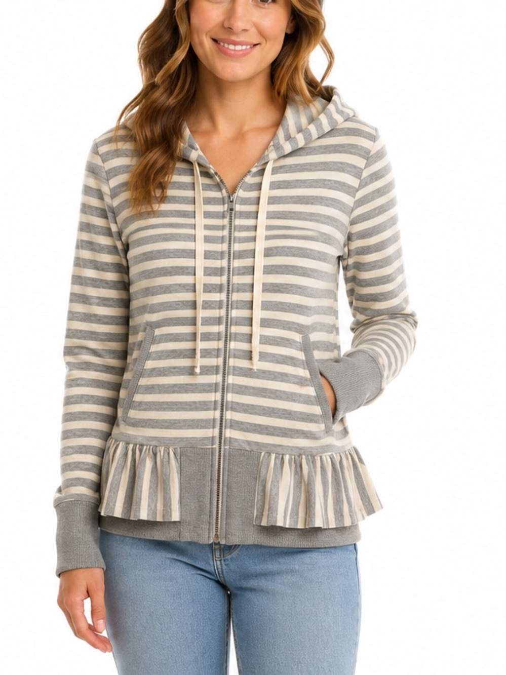 Saturday Sunday Anthropologie Striped Ruffle Hem Zip Hoodie XS